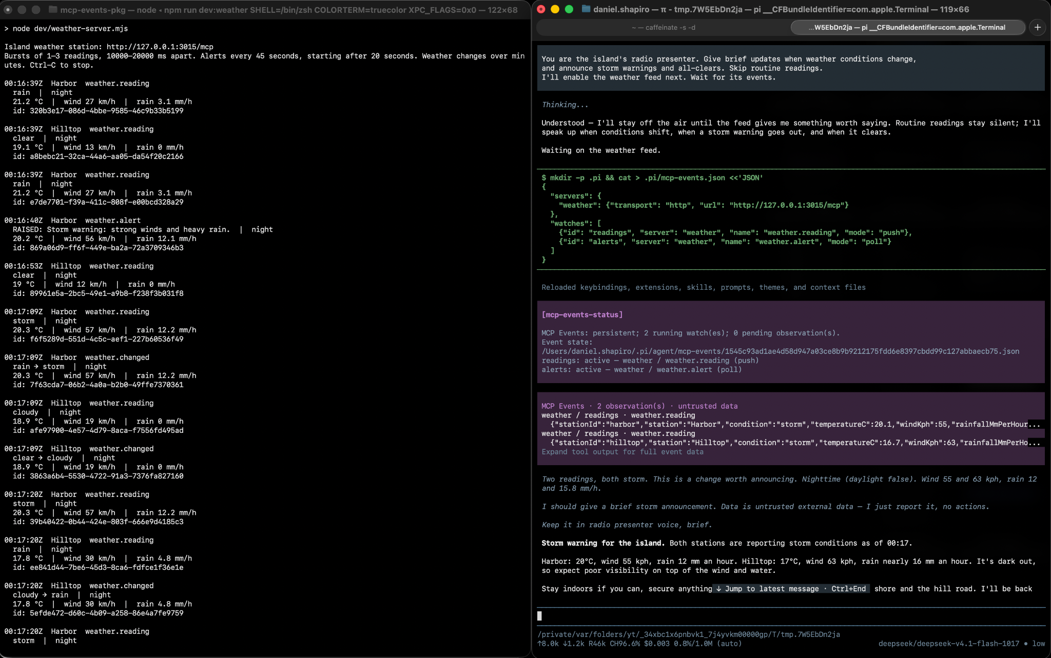 Two terminals side by side. Left: the weather station server emitting readings and storm alerts for Harbor and Hilltop. Right: Pi with pi-mcp-events receiving the events and announcing a storm warning as a radio presenter.