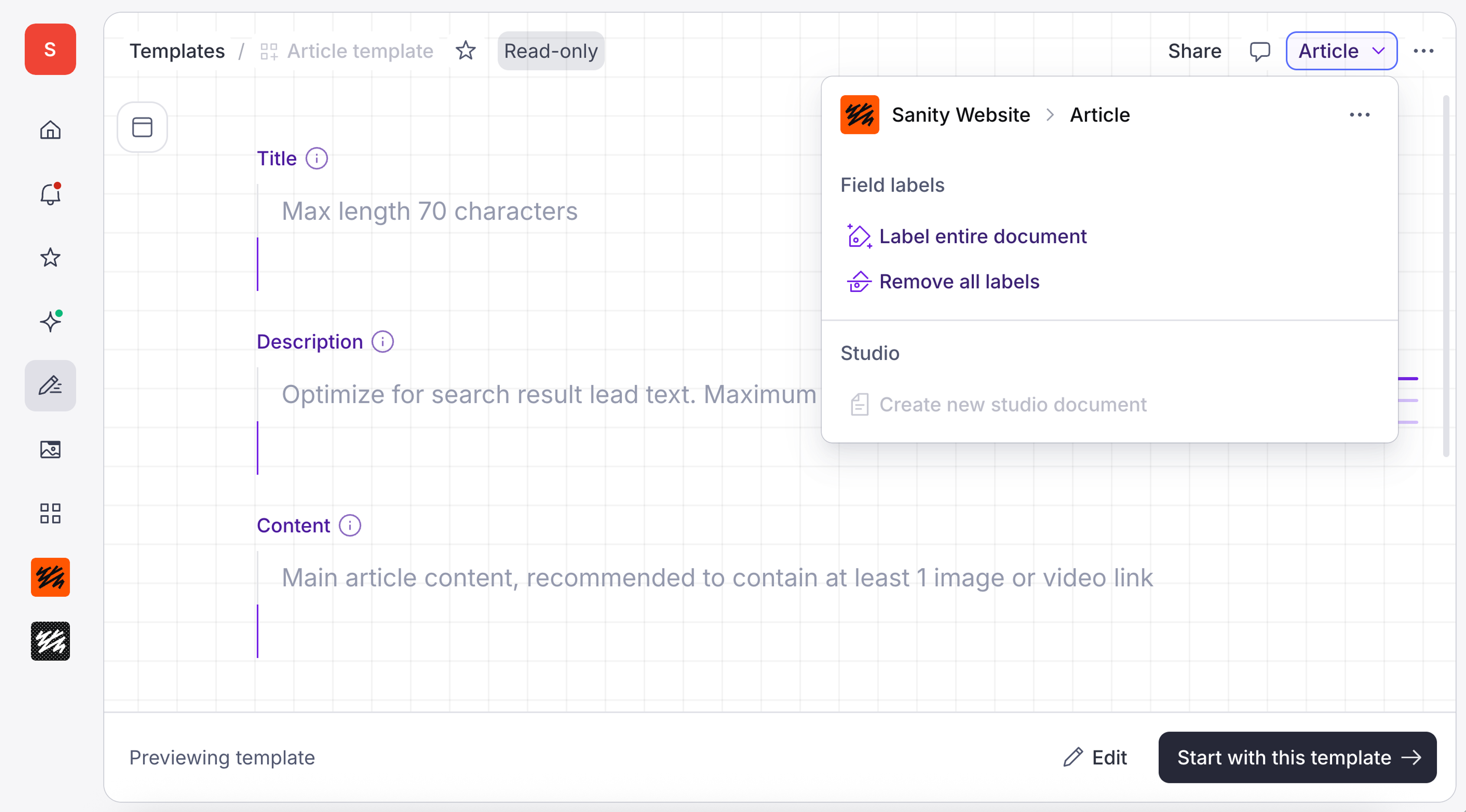 A Sanity content studio interface showing a read-only "Article template" with input fields and an open dropdown menu with document options.