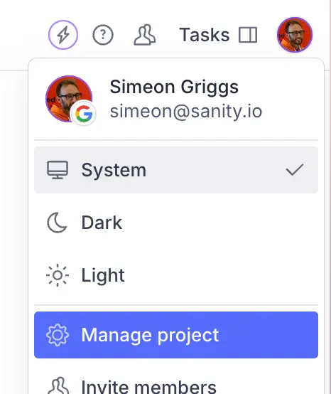 A navigation menu with "Manage project" highlighted