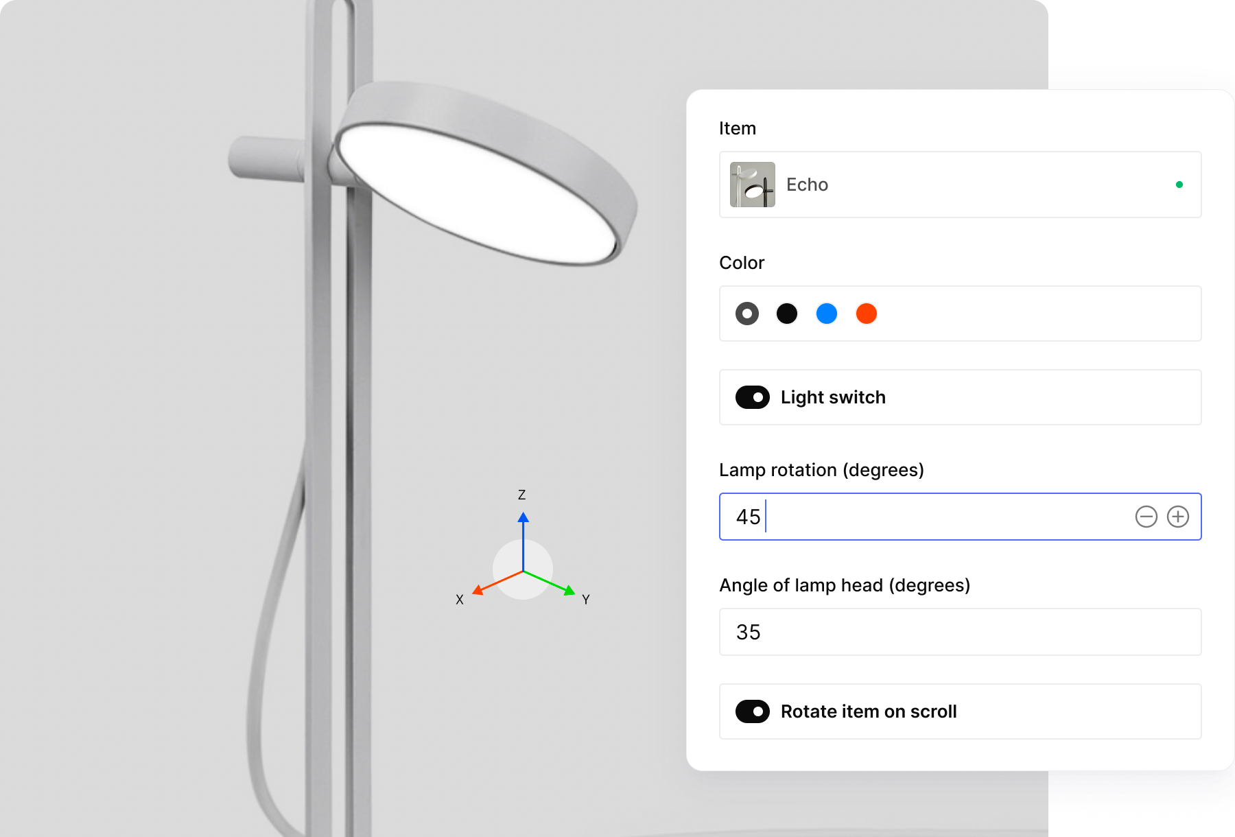 A 3D rendering of a white floor lamp with a control panel showing its rotation set to 45 degrees and head angle to 35 degrees.