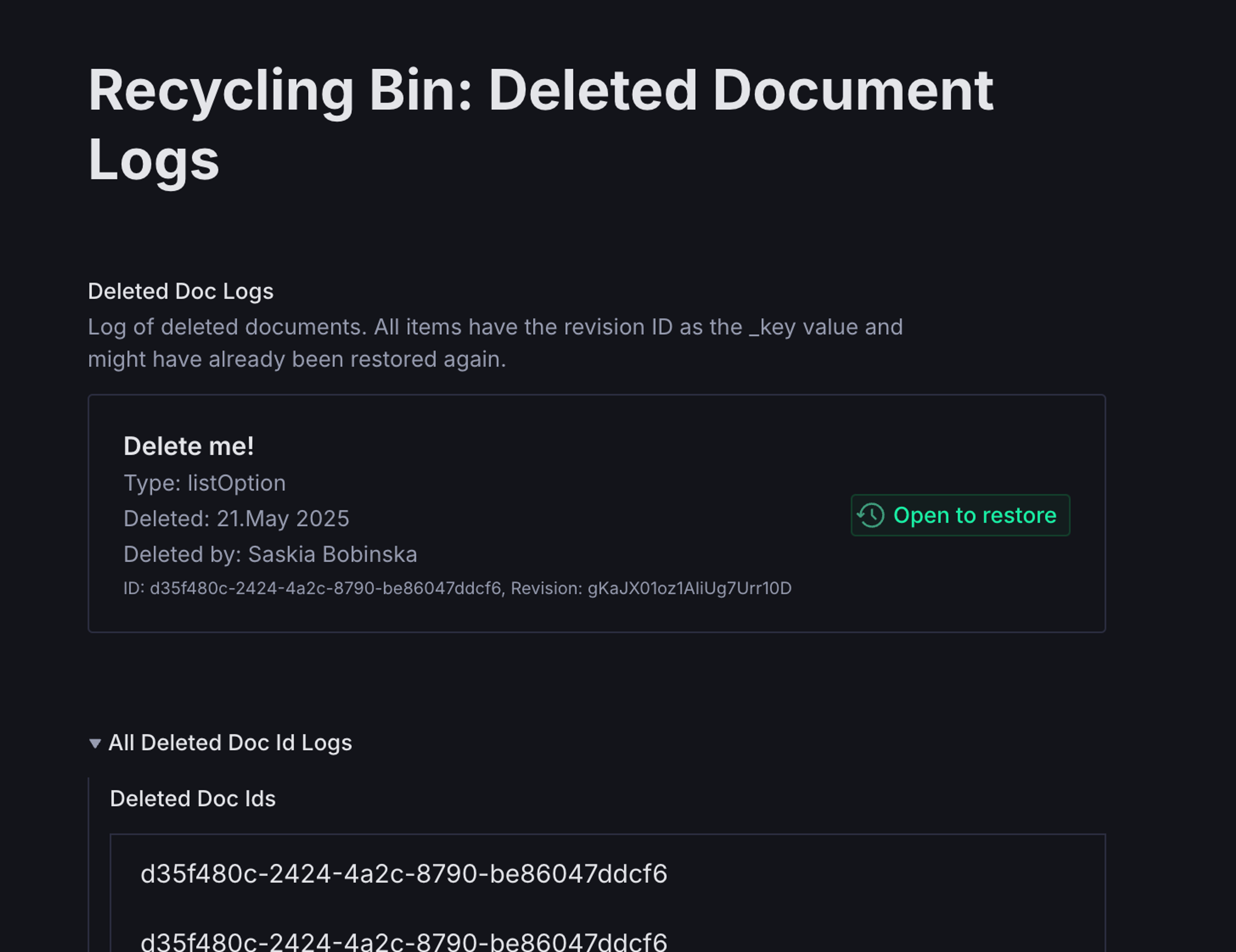 Screenshot of document with some deleted document logs