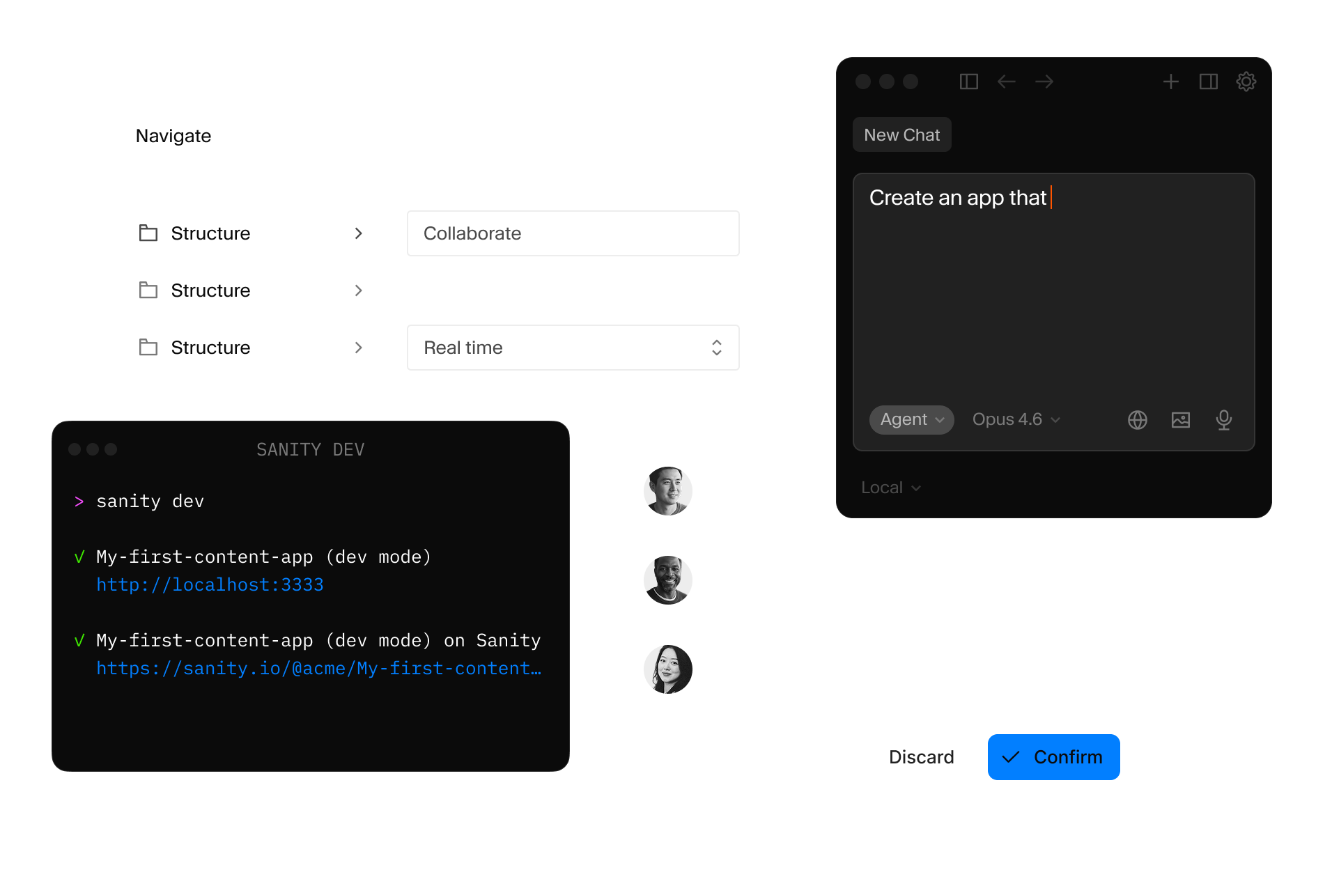 A software development interface displaying a terminal, content structure settings, and an AI chat assistant prompting "Create an app that".