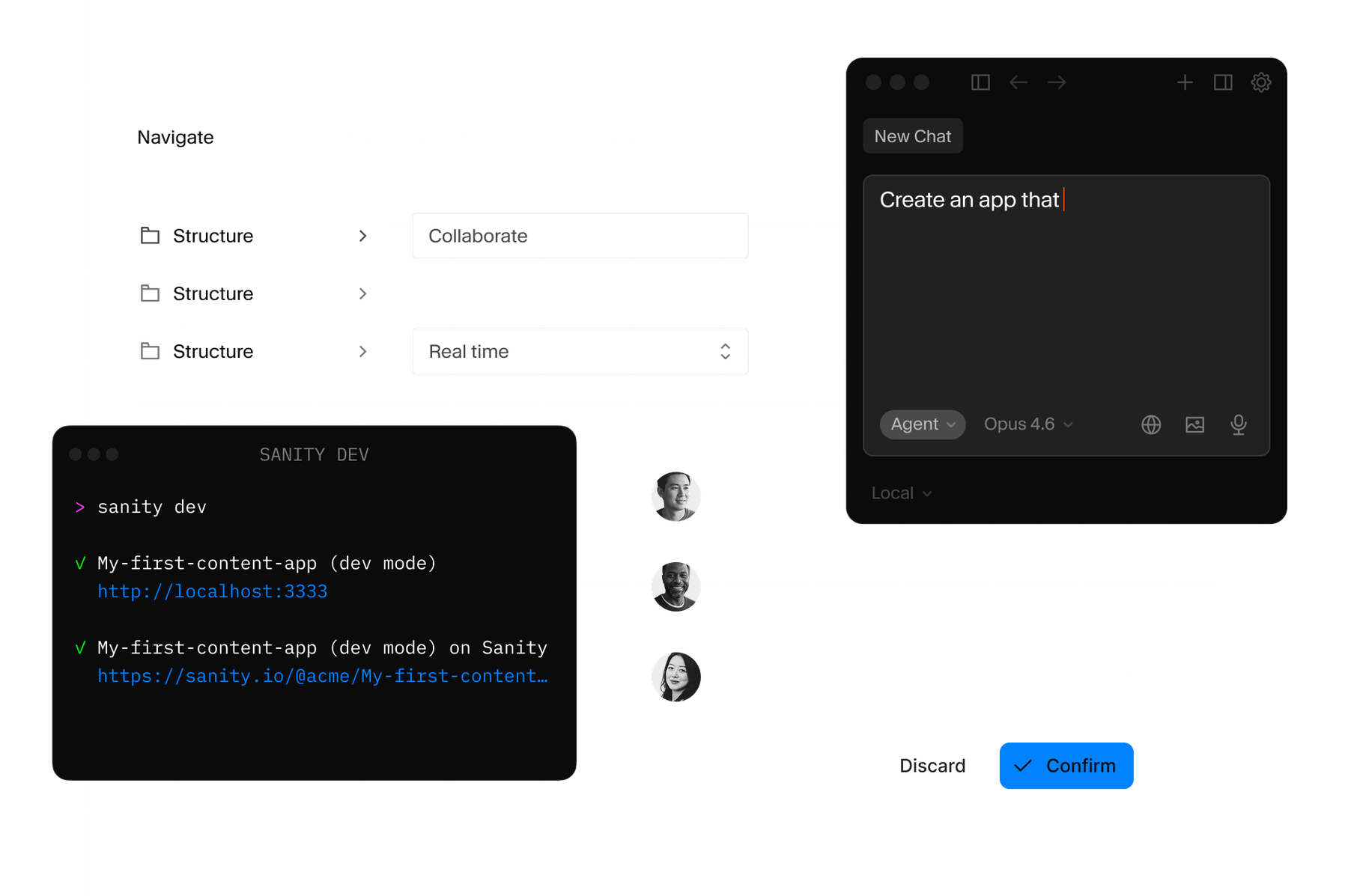 A software development interface displaying a terminal, content structure settings, and an AI chat assistant prompting "Create an app that".