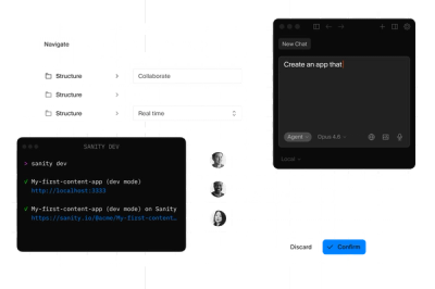 A software development interface displaying a terminal, content structure settings, and an AI chat assistant prompting "Create an app that".