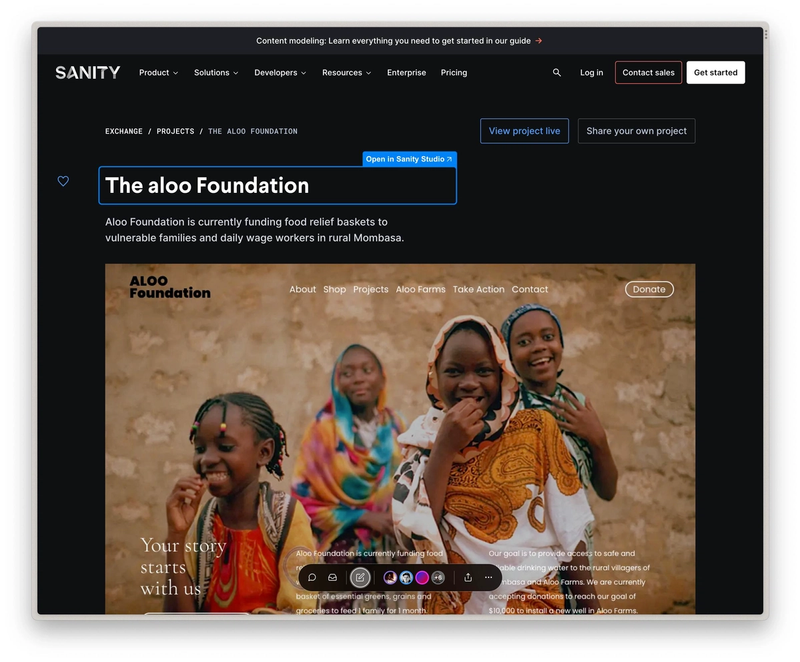 Website with overlay labeled "Open in Sanity Studio" on an h1 heading