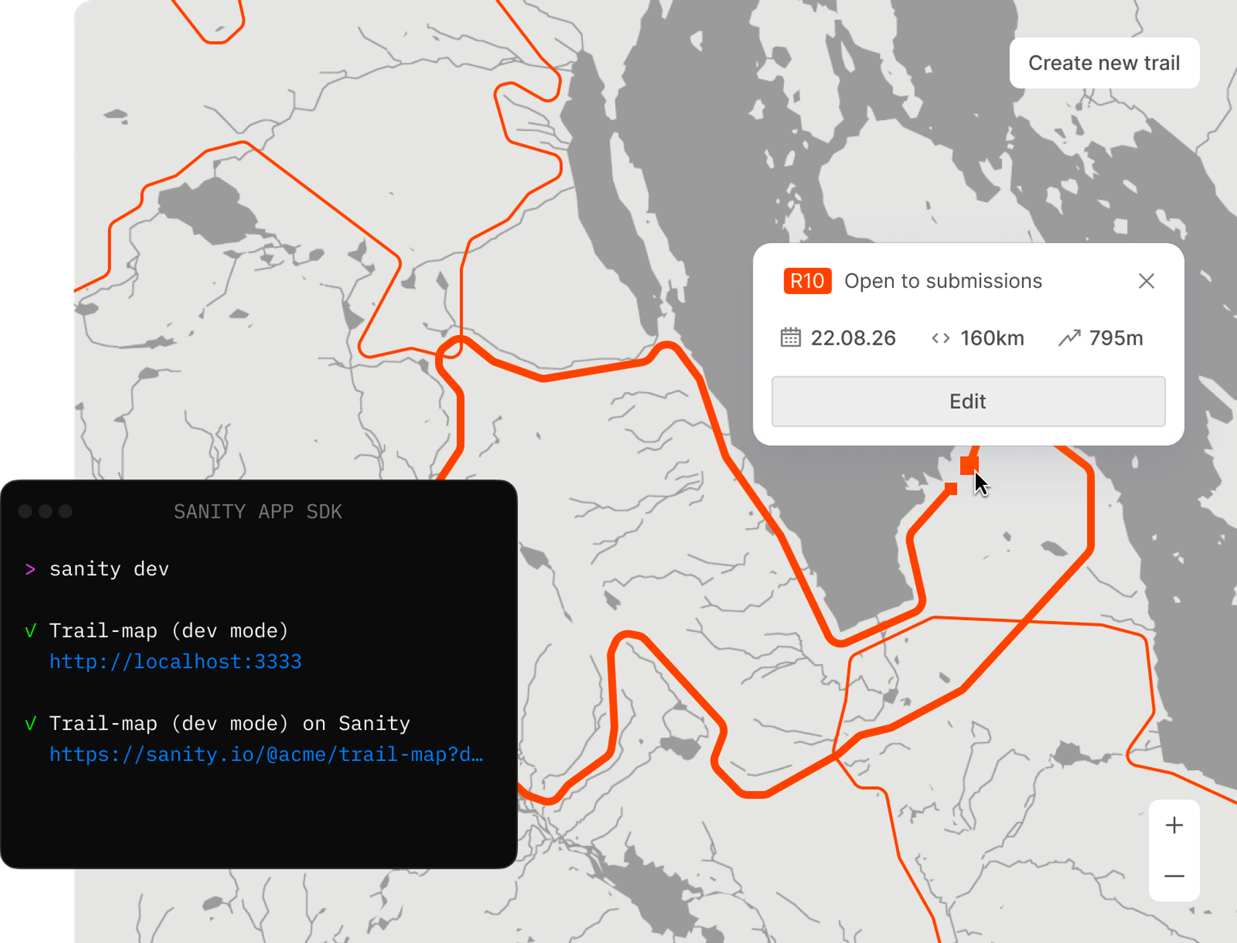 A map with orange trails, overlaid with a Sanity SDK developer terminal and a trail details popup.