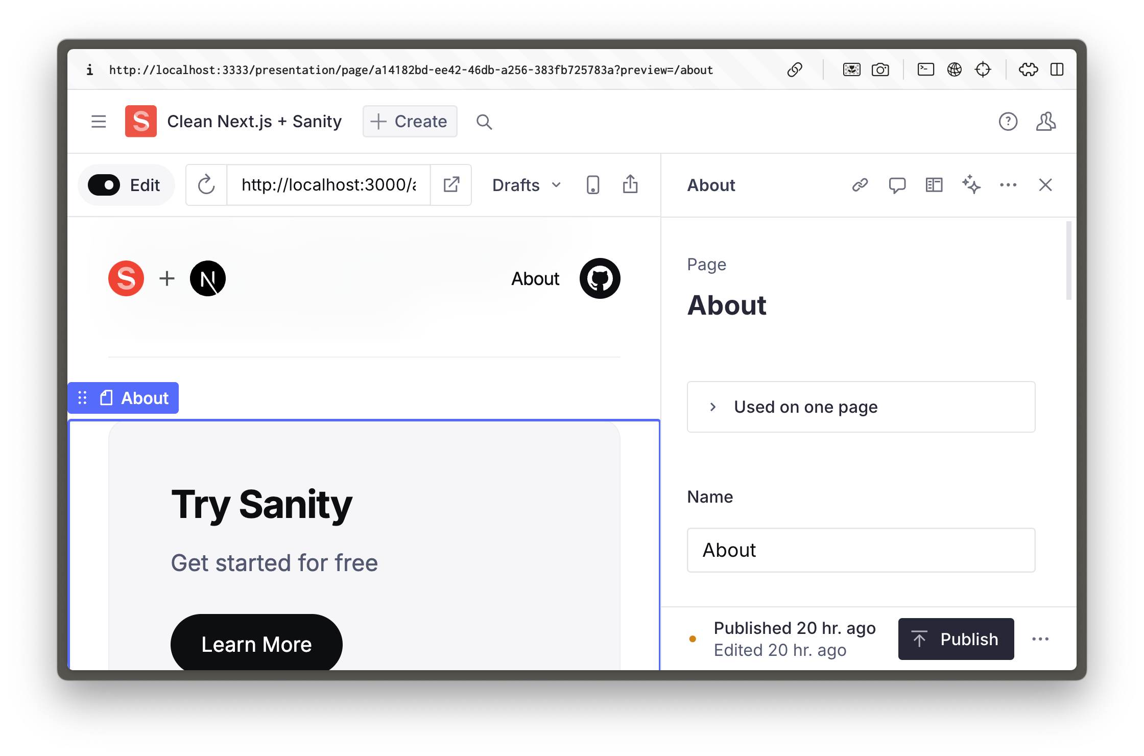 Sanity Studio Presentation tool showing a draggable element
