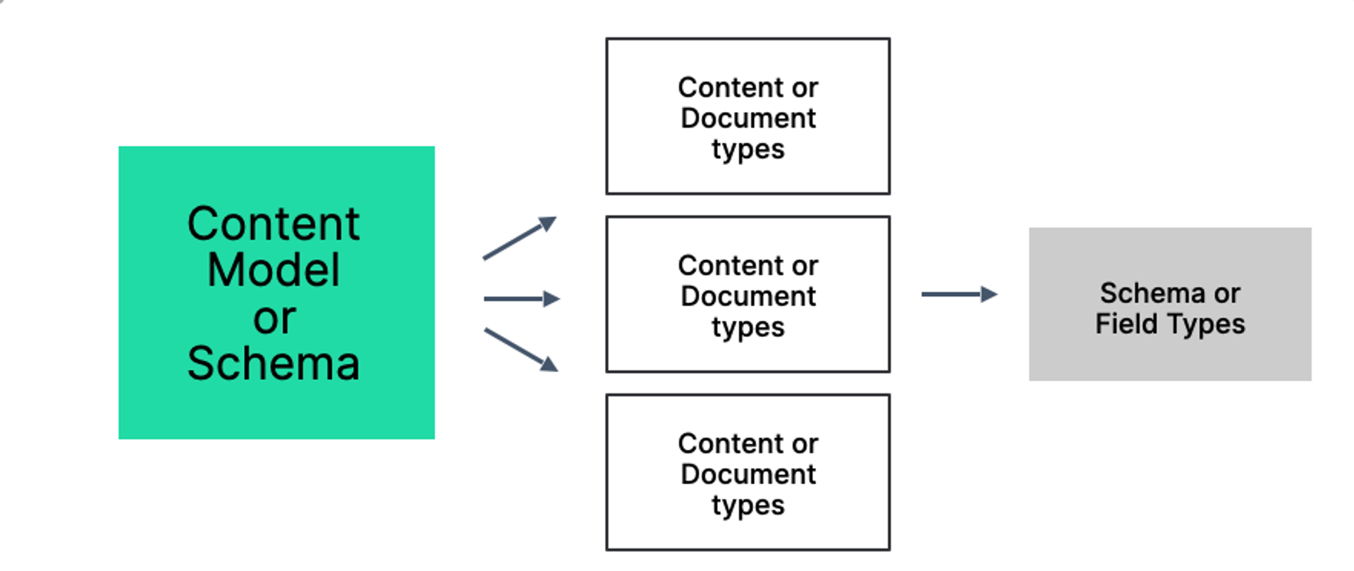 A diagram of a schema that describes its parts, Content or Document Types and these types are made of field or schema types.