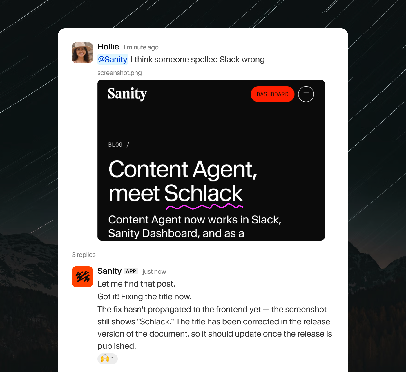 Chat screenshot showing a Sanity blog post with the typo 'Schlack' instead of 'Slack', and the Sanity app confirming the fix.