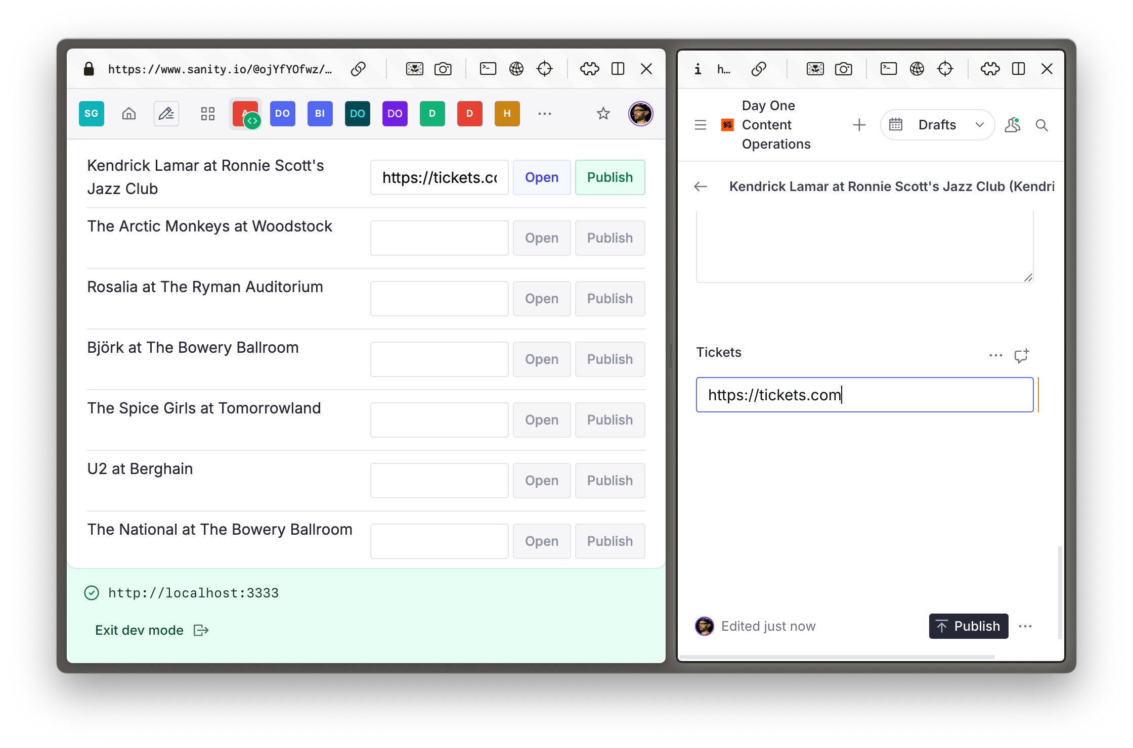 Sanity Studio running alongside a custom app showing the same value