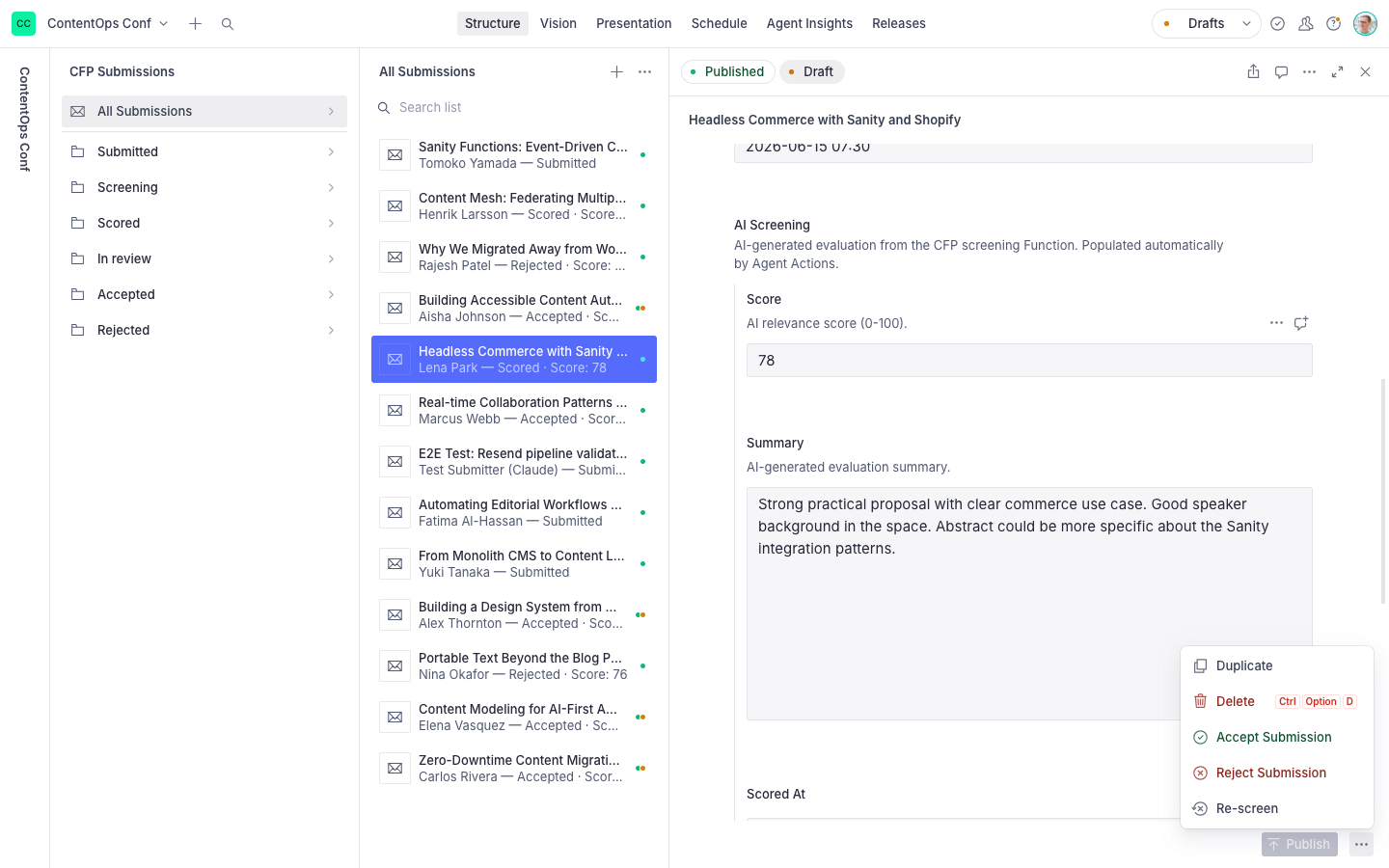 A digital content management interface displays conference submissions, with "Headless Commerce with Sanity" selected, showing its AI screening score of 78, an AI-generated summary, and an open menu to accept or reject the submission.