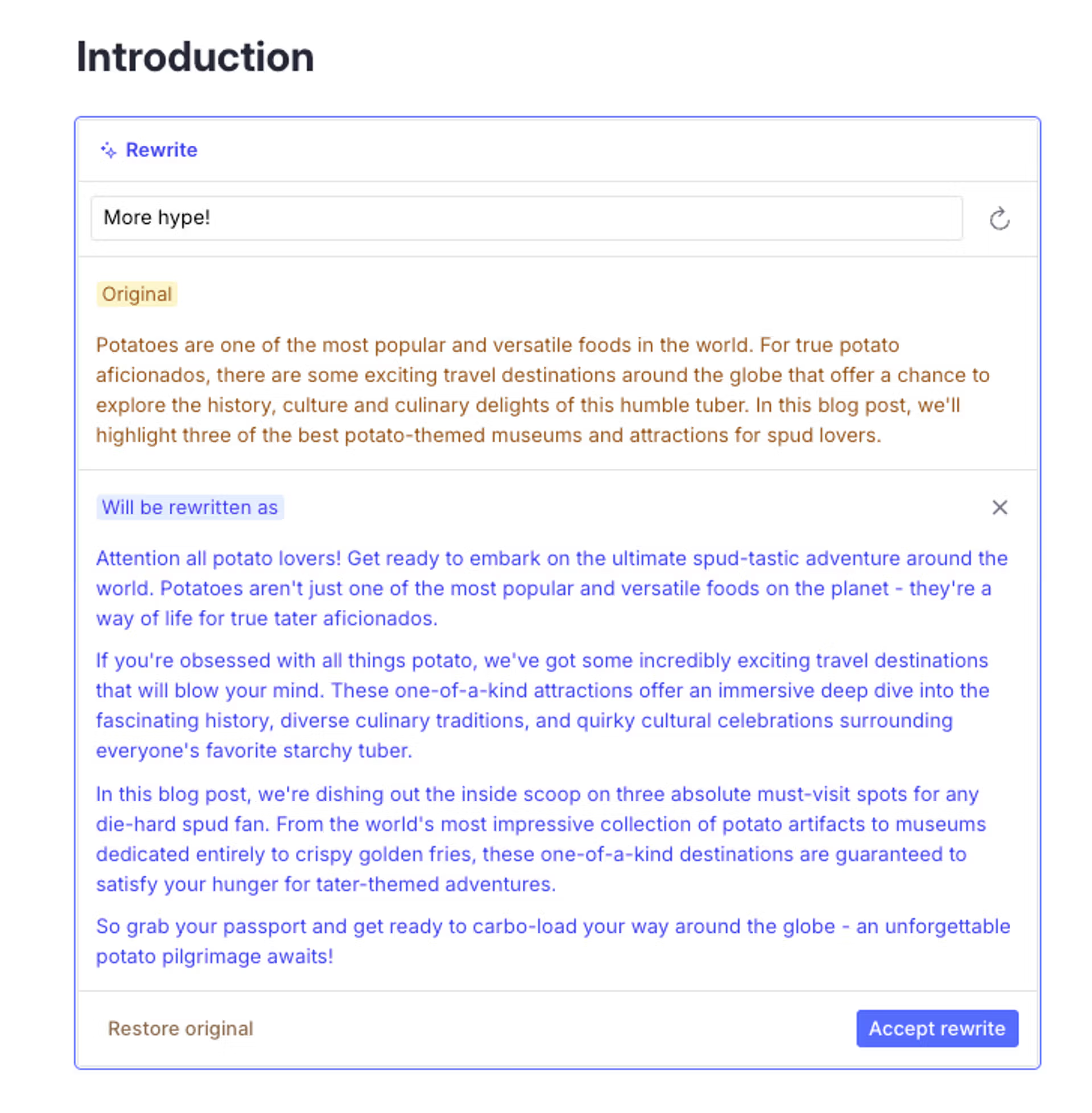 A UI showing an original text about potatoes and a more enthusiastic rewritten version, with options to accept or restore.