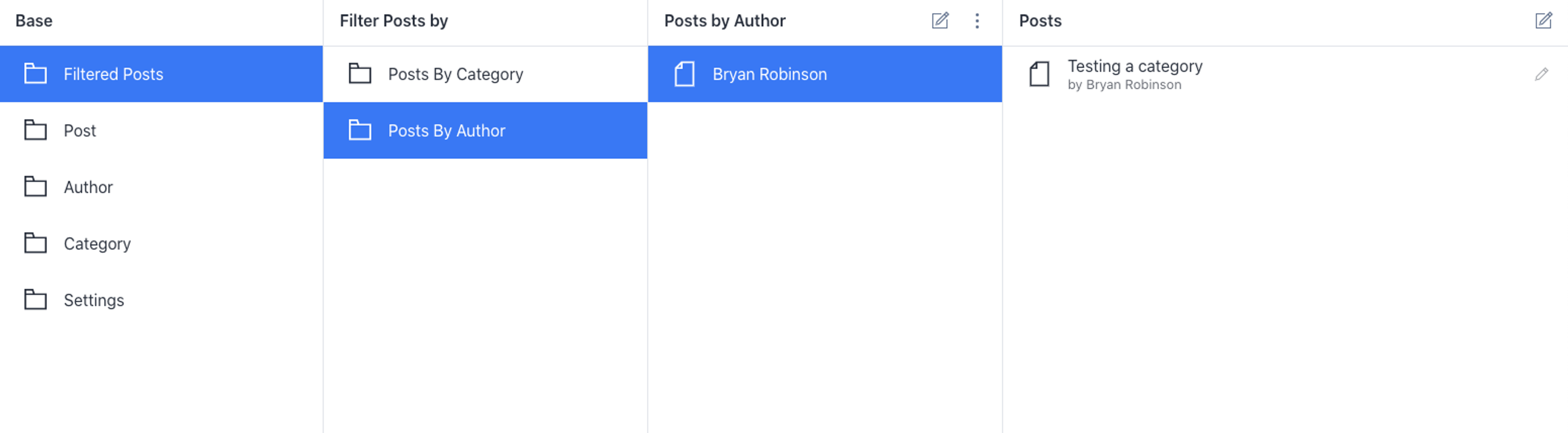 Screenshot of a user interface showing a content filtering workflow, with 'Filtered Posts', 'Posts By Author', and 'Bryan Robinson' selected, displaying one post titled 'Testing a category by Bryan Robinson'.