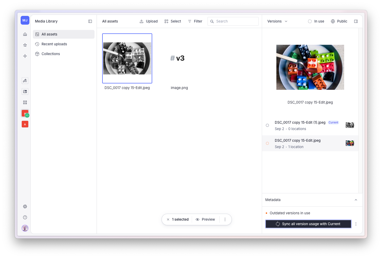 Sanity Media Library with the versions inspector open