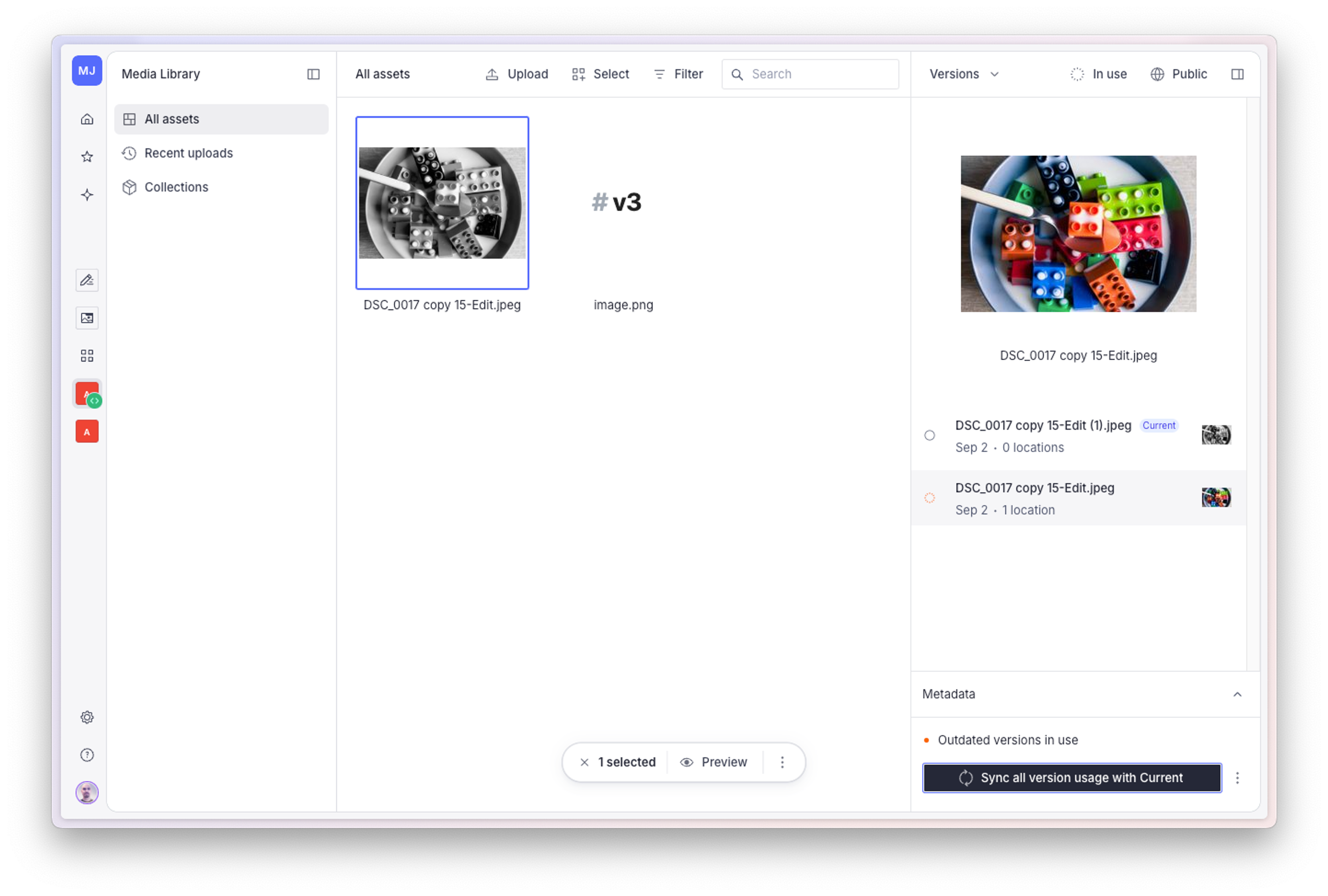Sanity Media Library with the versions inspector open