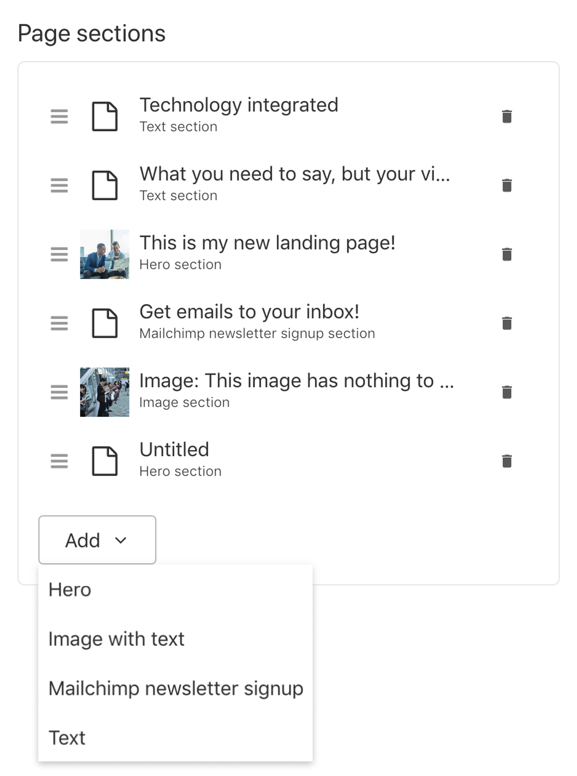 An array field with an add button and a menu of different types to insert