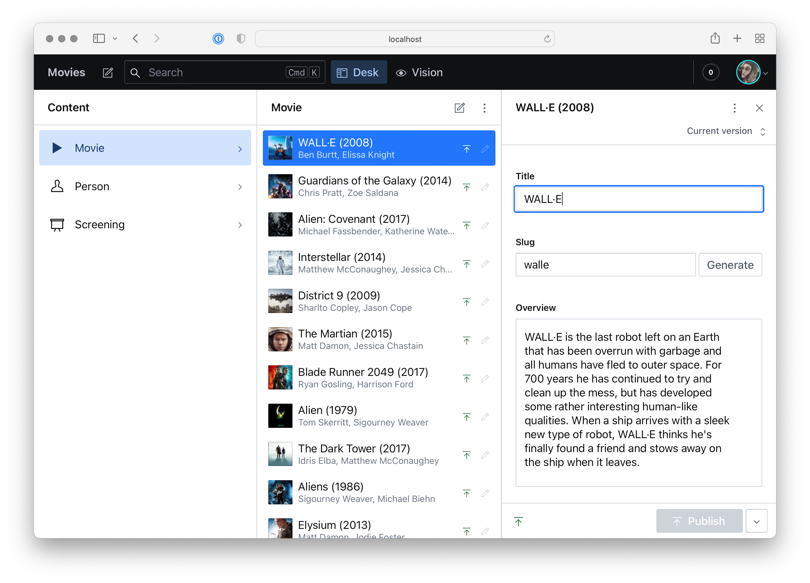 A Sanity Studio with sci-fi movies showing unique icons for each document type.