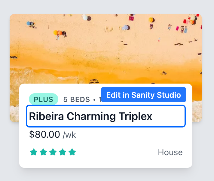 An apartment listing component with the title outlined and an "Edit in Sanity Studio" button