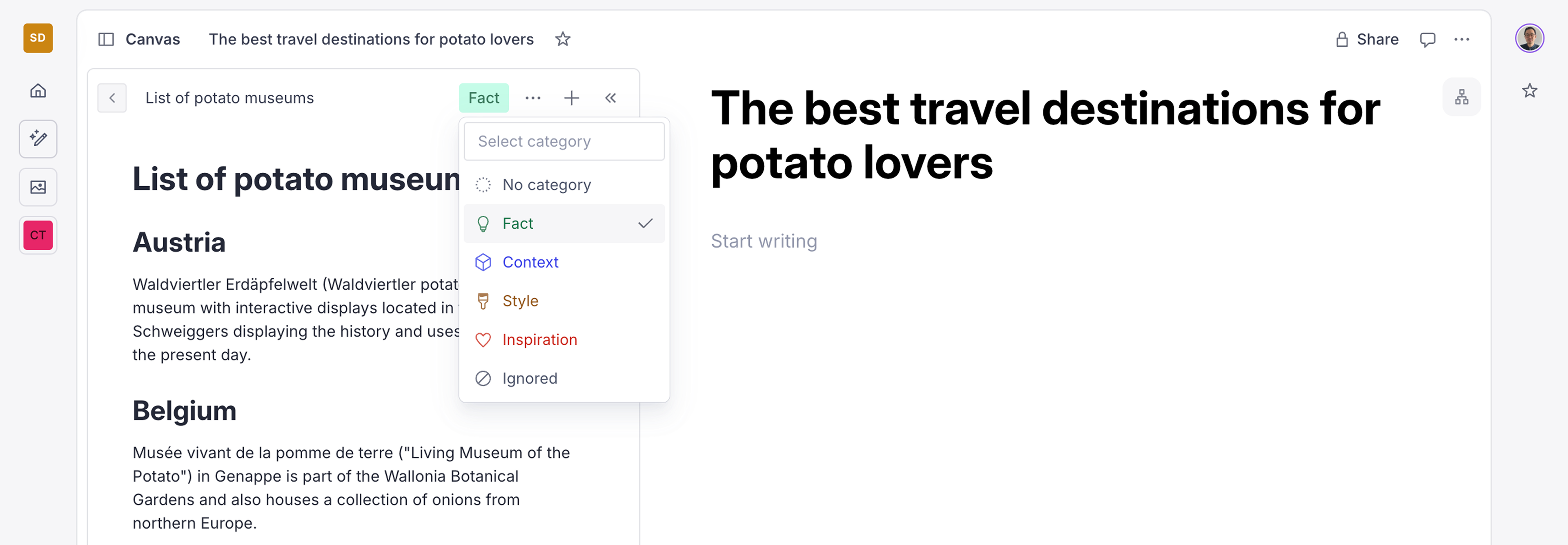 Shows the note category menu opened