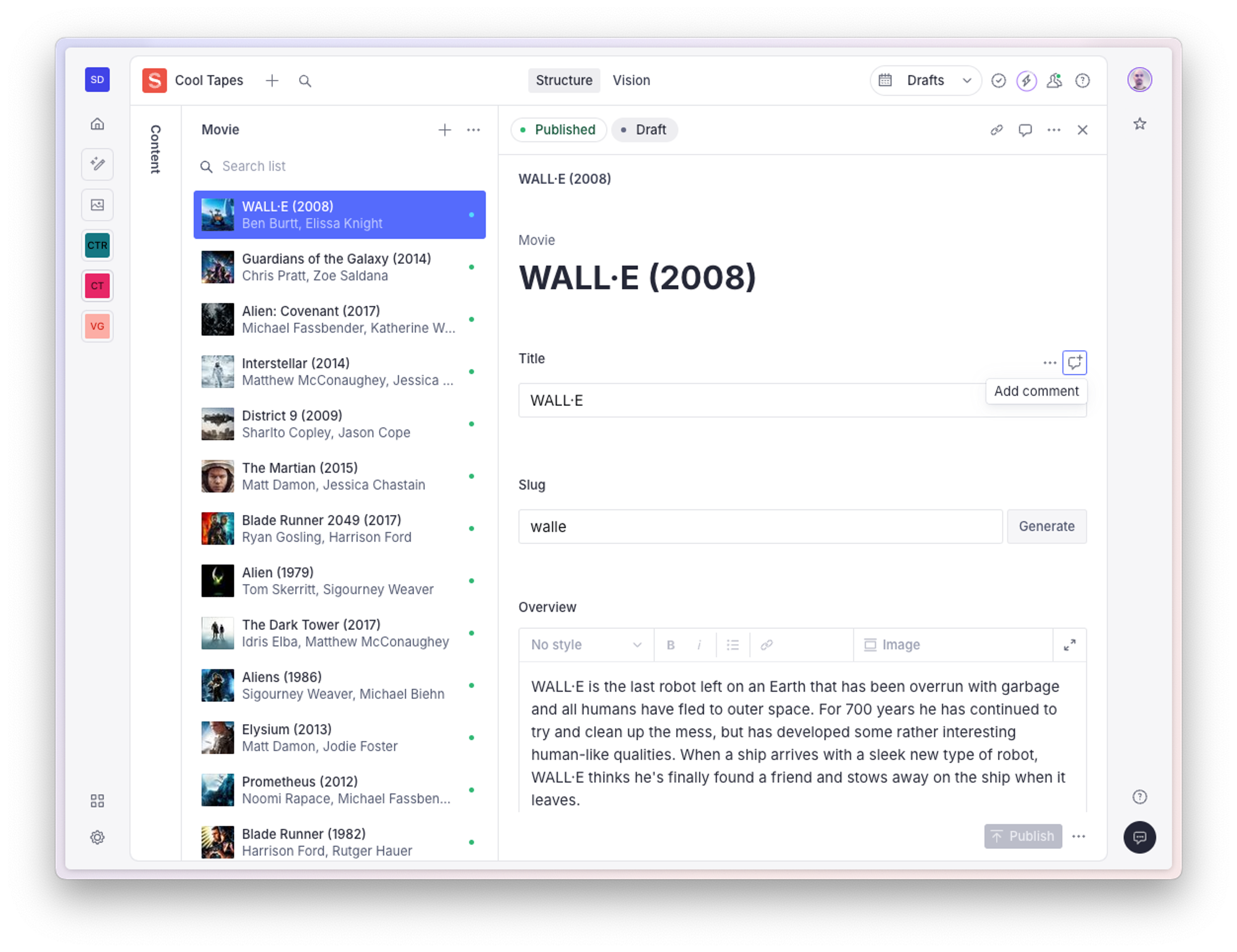 Shows the dashboard with an example studio active in the main area