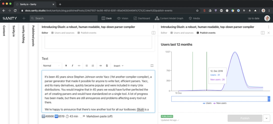 Studio showing document form along side with user statistics from Google Analytics