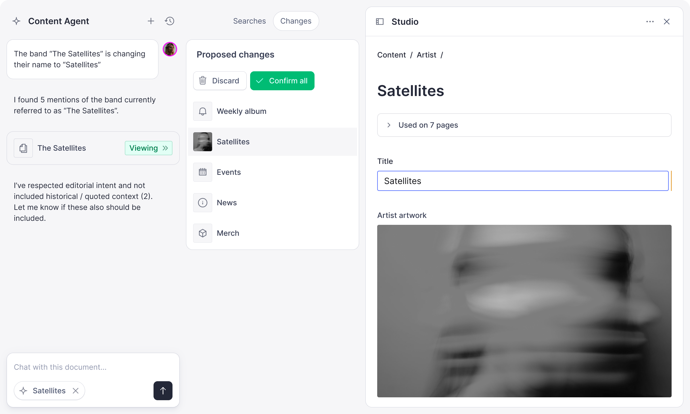 A software interface featuring a Content Agent proposing and confirming a band name change to 'Satellites', with the updated artist page visible in the Studio panel.