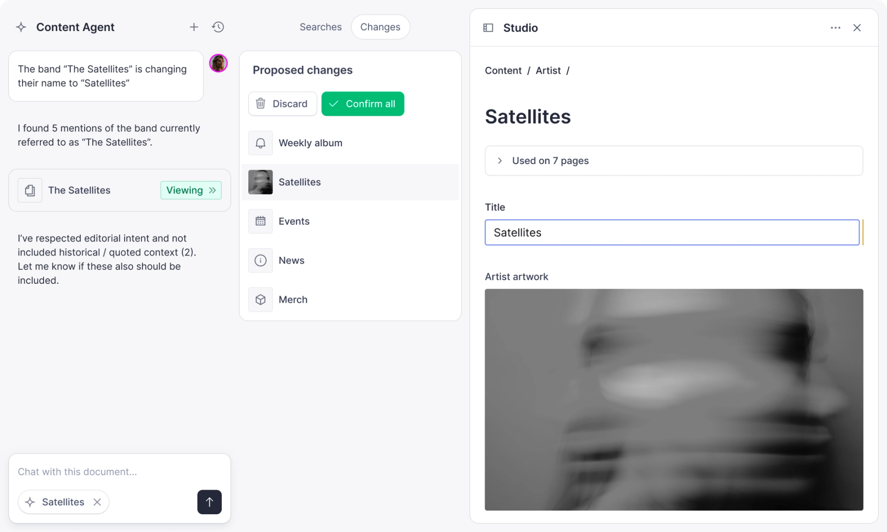 A content management UI showing a Content Agent suggesting a band name change from "The Satellites" to "Satellites", with proposed content updates and the new name displayed in a Studio panel.
