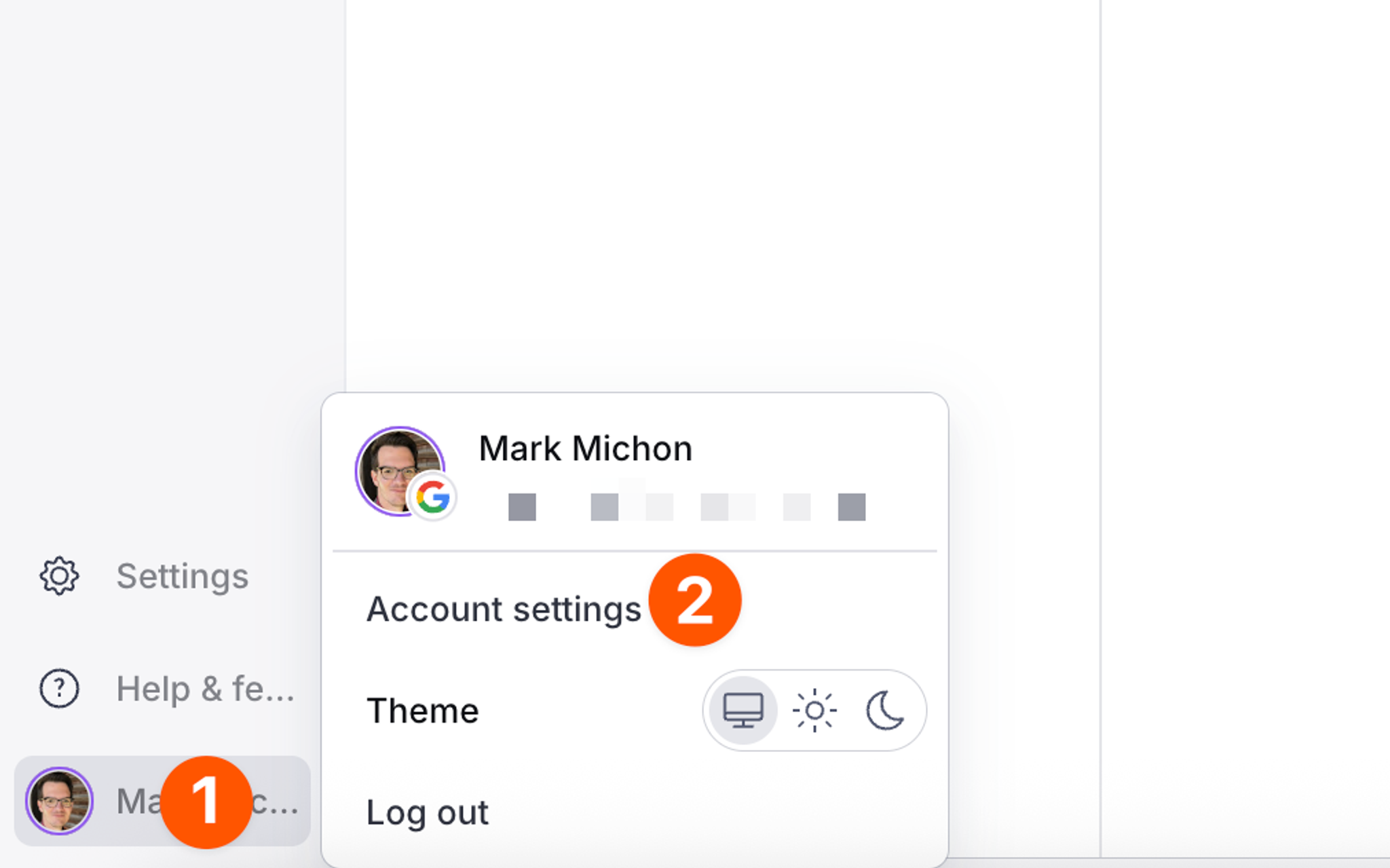 User settings menu interface