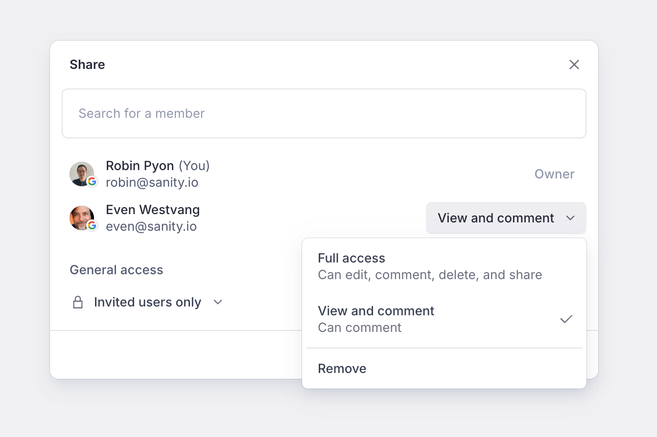 A screenshot of the Canvas document share panel showcasing different access levels