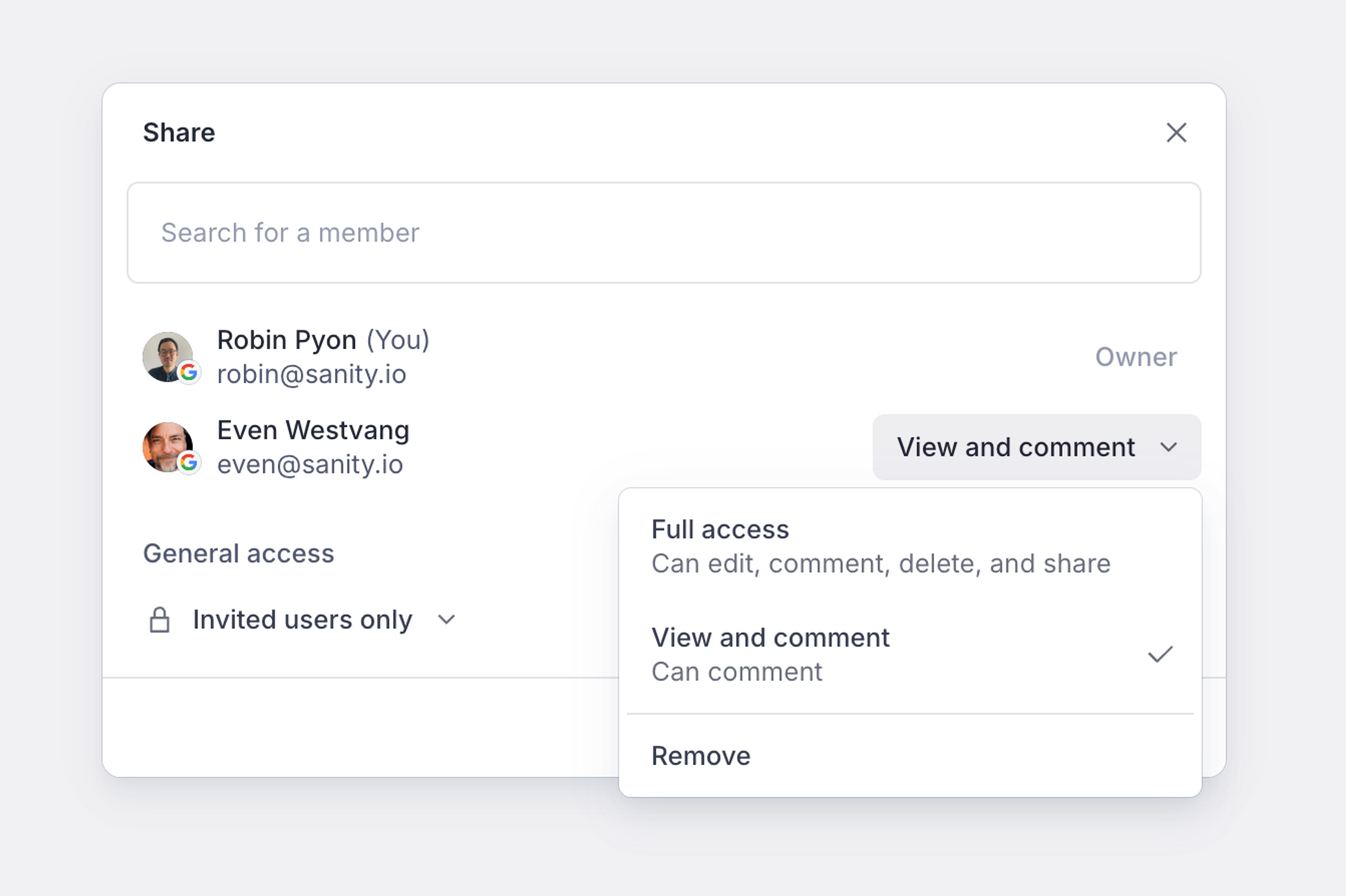 A screenshot of the Canvas document share panel showcasing different access levels