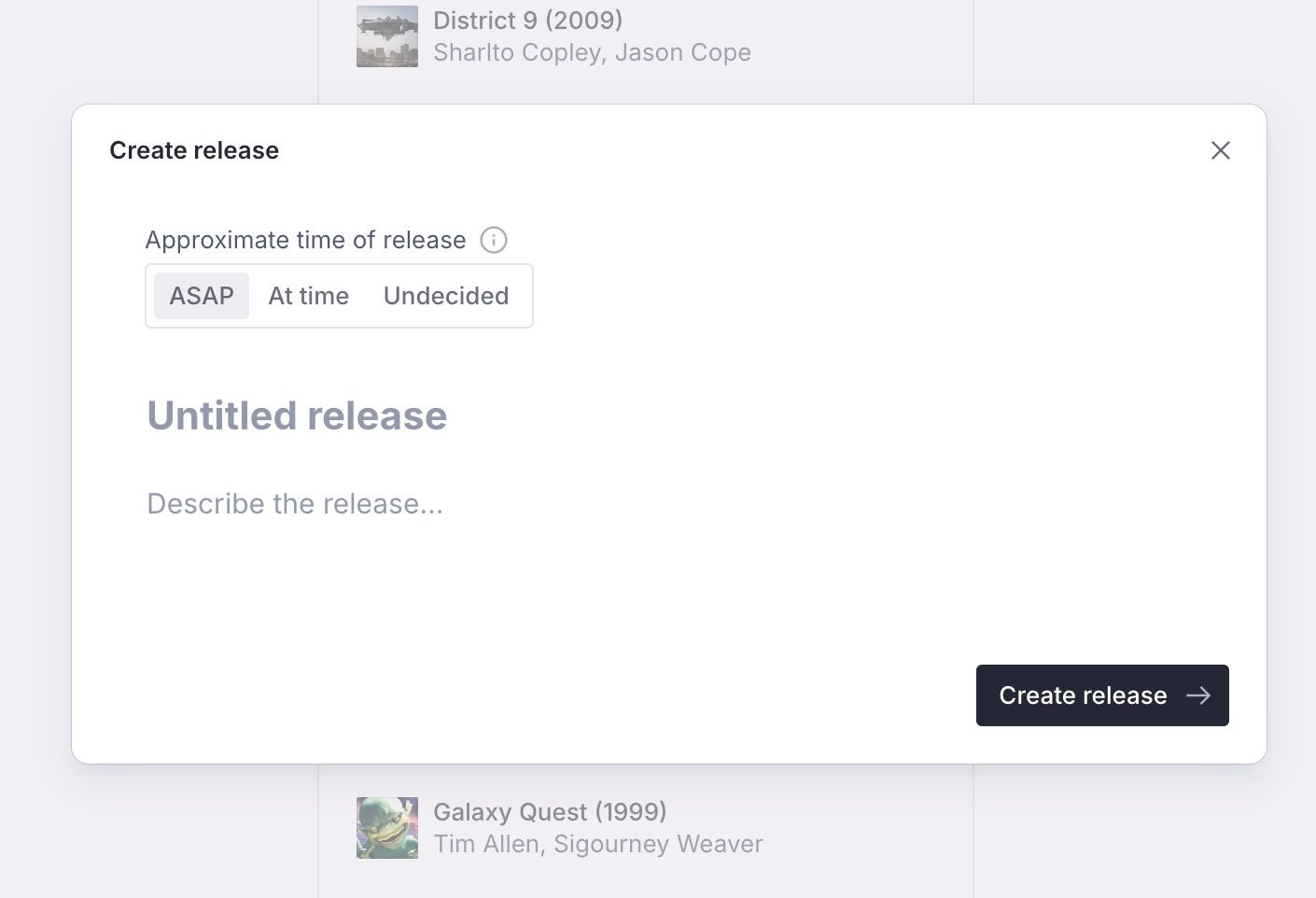 The Create a new release dialog with fields for release time, title, and description