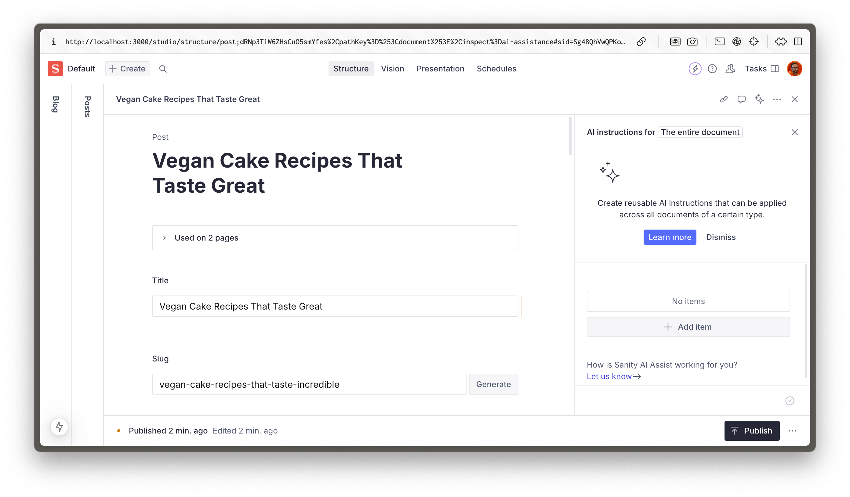 Sanity Studio document editor with the AI Assist pane open