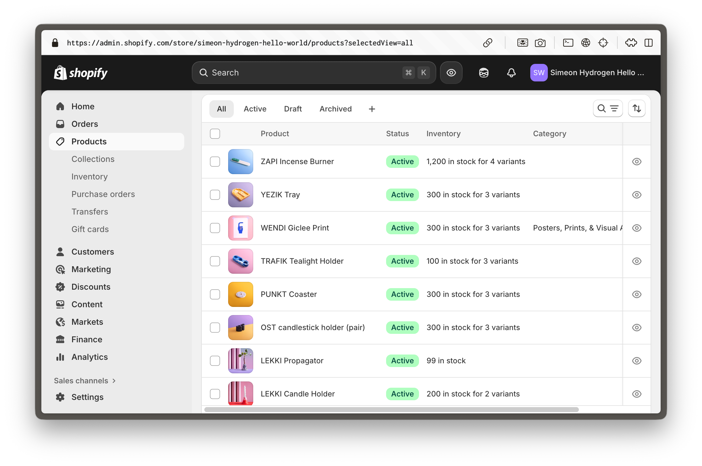 Shopify dashboard showing imported products