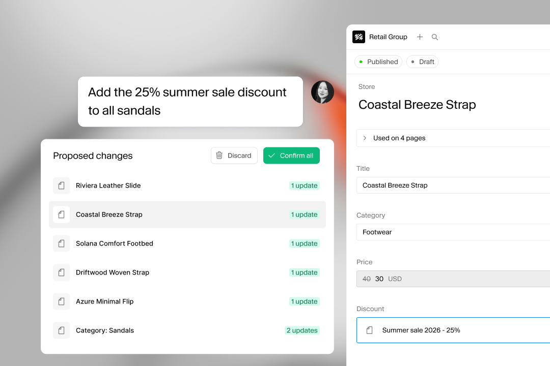 A user interface showing a 25% summer sale discount applied to multiple sandals, with one product's price updated from $40 to $30.