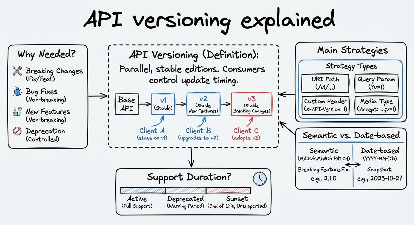 A diagram explaining API versioning in terms of related concepts.
