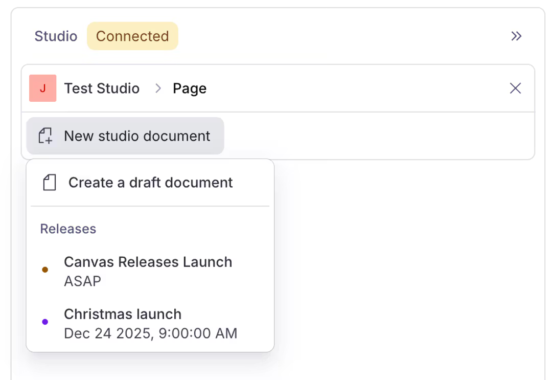 A Studio user interface with a 'New studio document' button's dropdown menu open, displaying 'Create a draft document' and a list of 'Releases', including 'Christmas launch Dec 24 2025'.