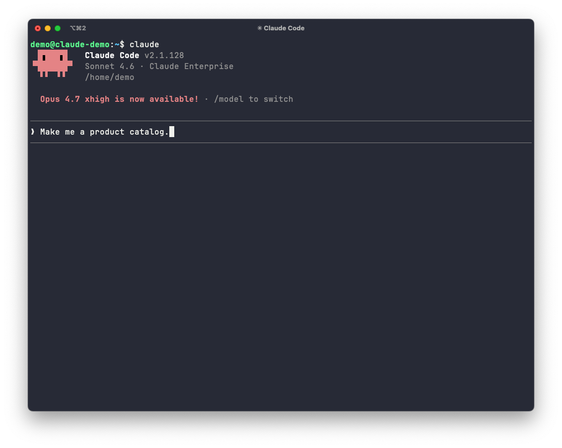 A terminal window displays "Claude Code" and the prompt "Make me a product catalog."