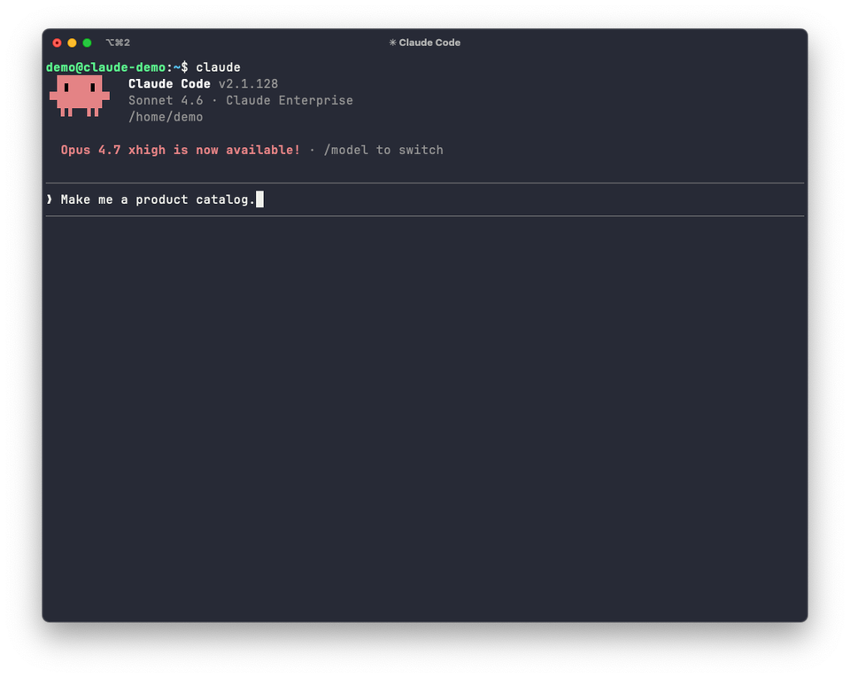 A terminal window displays "Claude Code" and the prompt "Make me a product catalog."