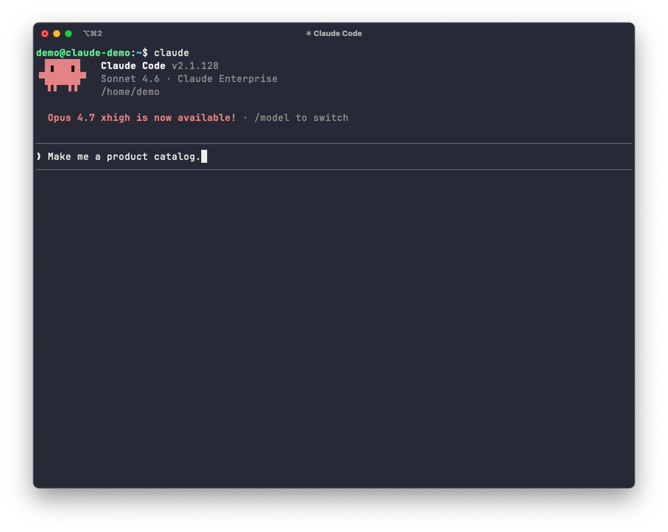 A terminal window displays "Claude Code" and the prompt "Make me a product catalog." A terminal window displays "Claude Code" and the prompt "Make me a product catalog."