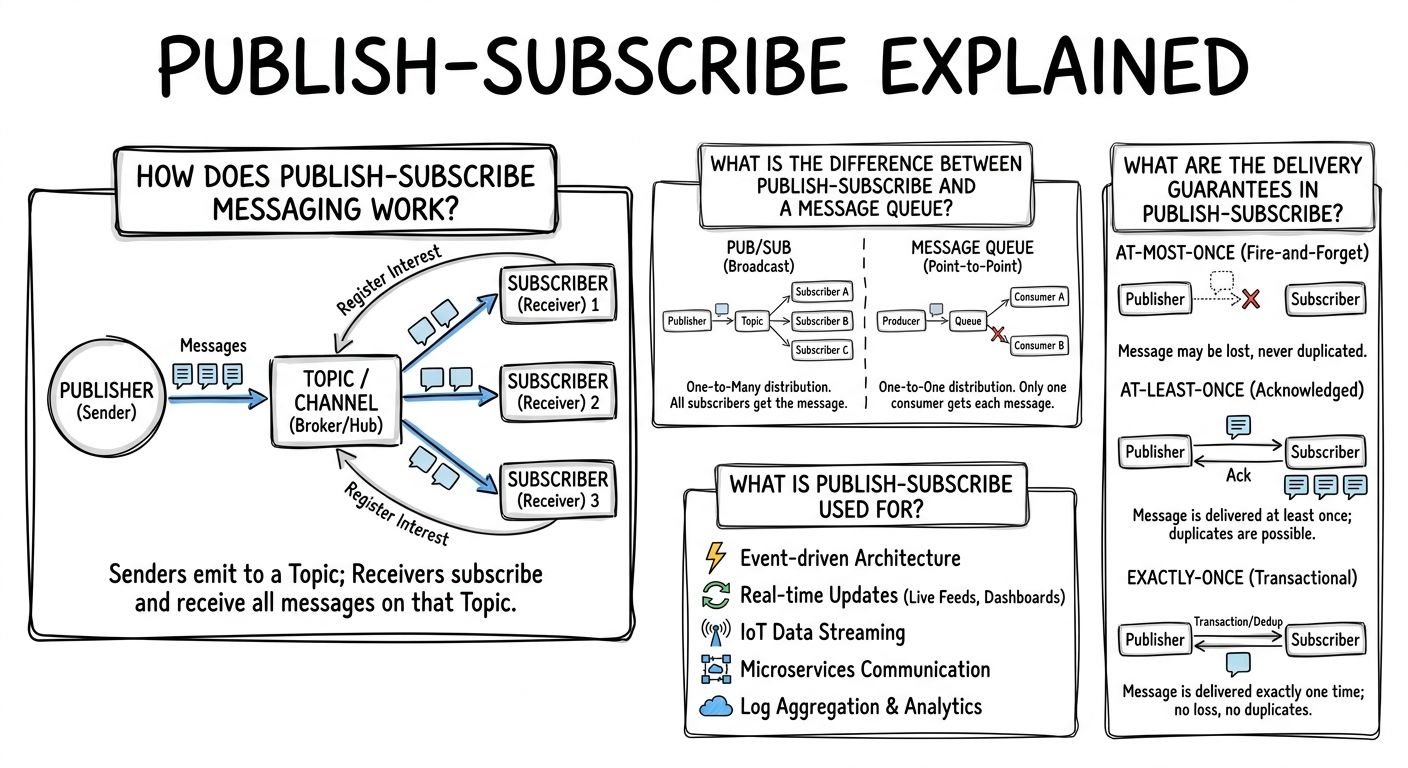 A diagram explaining Publish-subscribe in terms of related concepts.