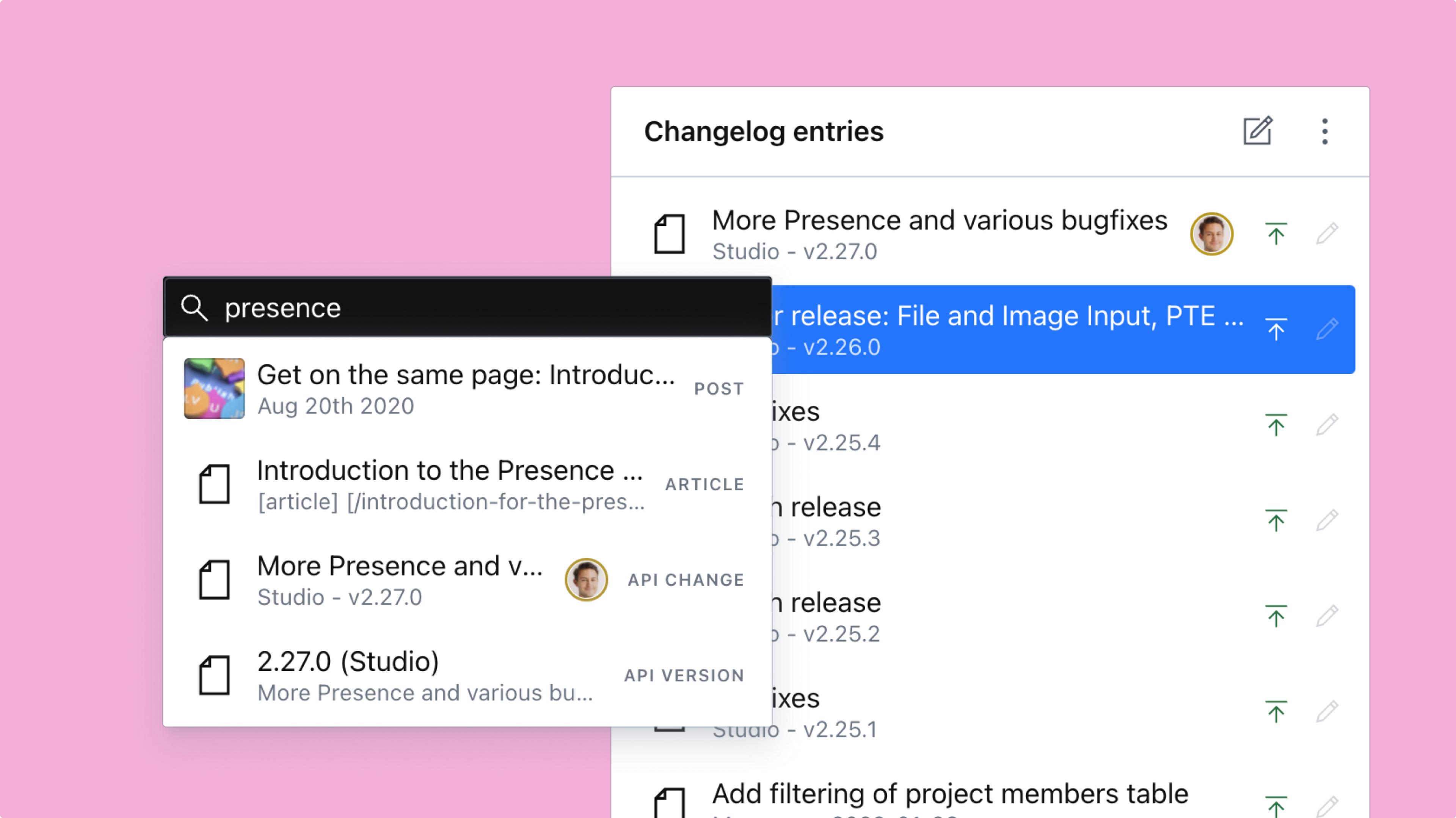 Sanity Studio screenshots of presence avatars in document lists