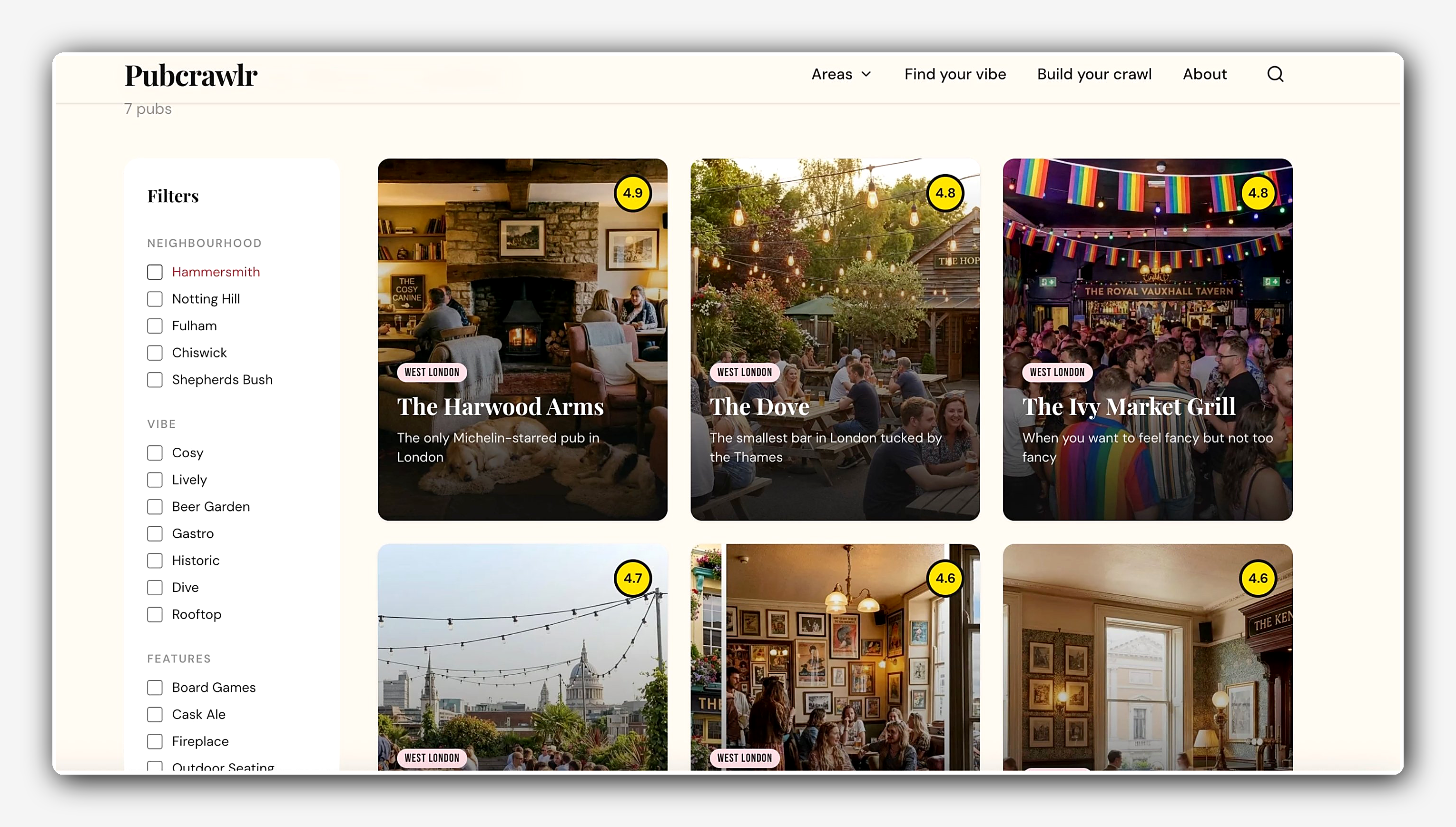 A Pubcrawl.lr website interface displays a pub finder with filters on the left and a grid of pub listings on the right, each showing an image, name, description, and rating.