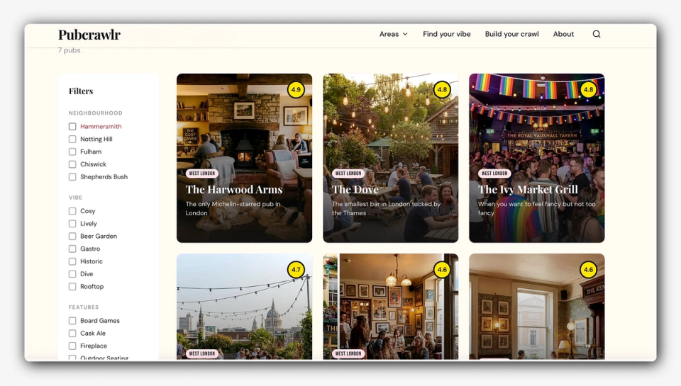 A Pubcrawl.lr website interface displays a pub finder with filters on the left and a grid of pub listings on the right, each showing an image, name, description, and rating.