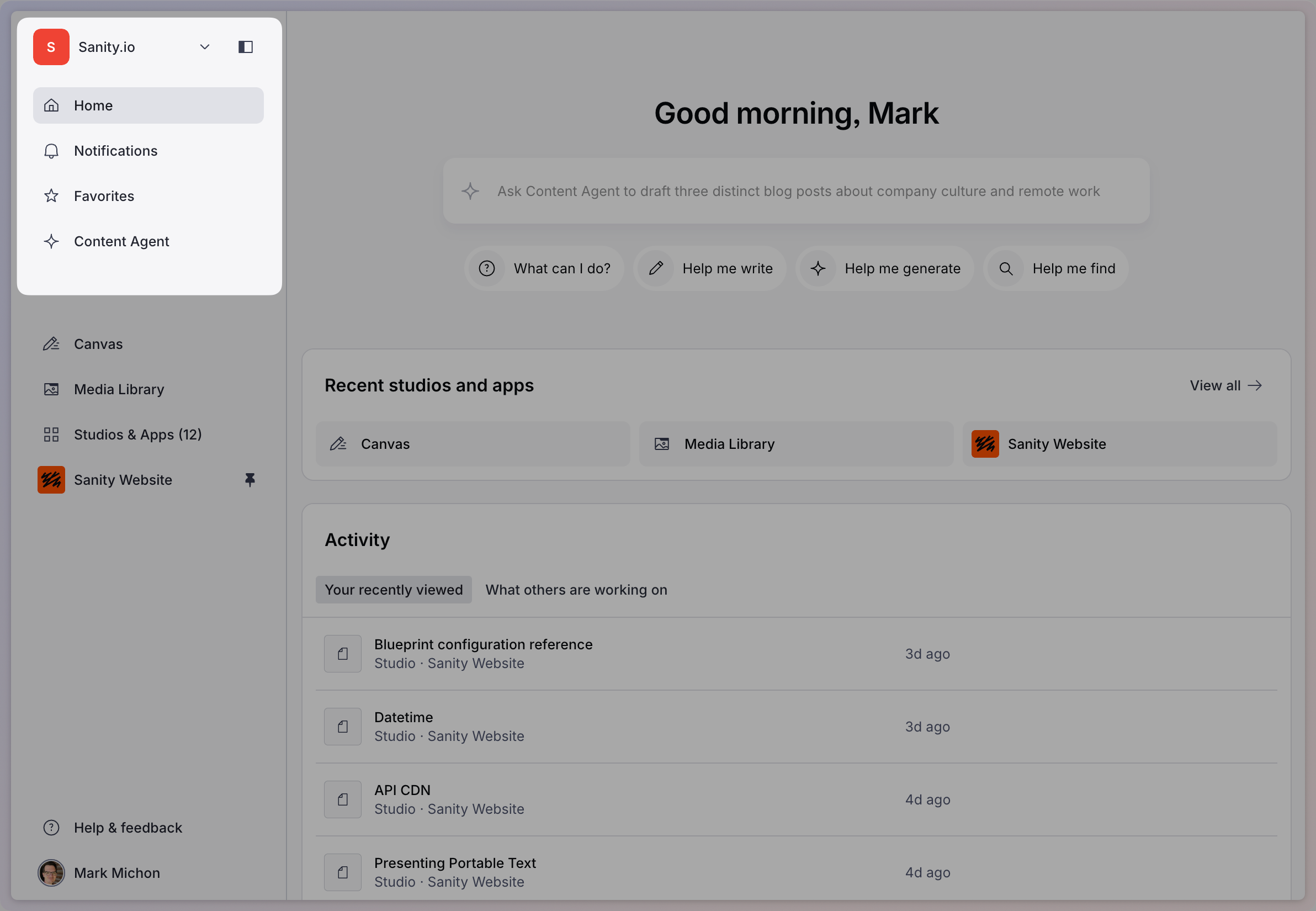 The dashboard with the top of the left sidebar highlighted, showing the organization switcher, home, notifications, favorites, and Content Agent.
