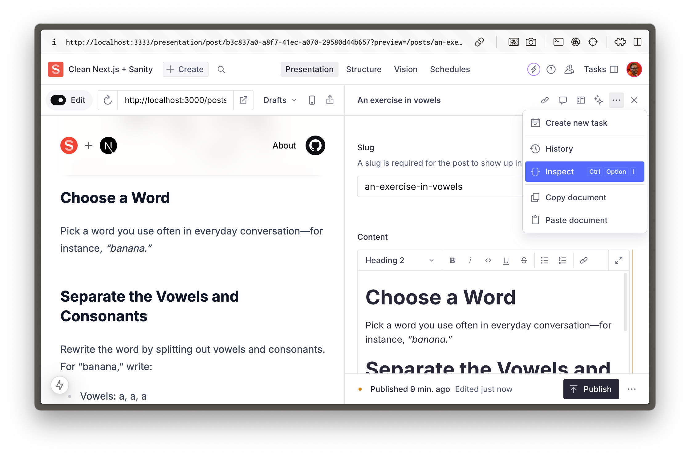 Sanity Studio showing the "Inspect" button