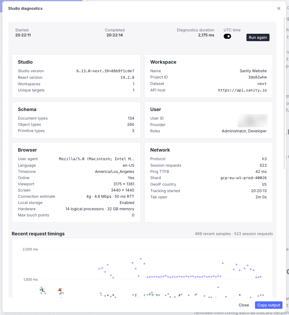 Studio diagnostics page showing system, user, browser, and network details, with a graph of recent request timings.