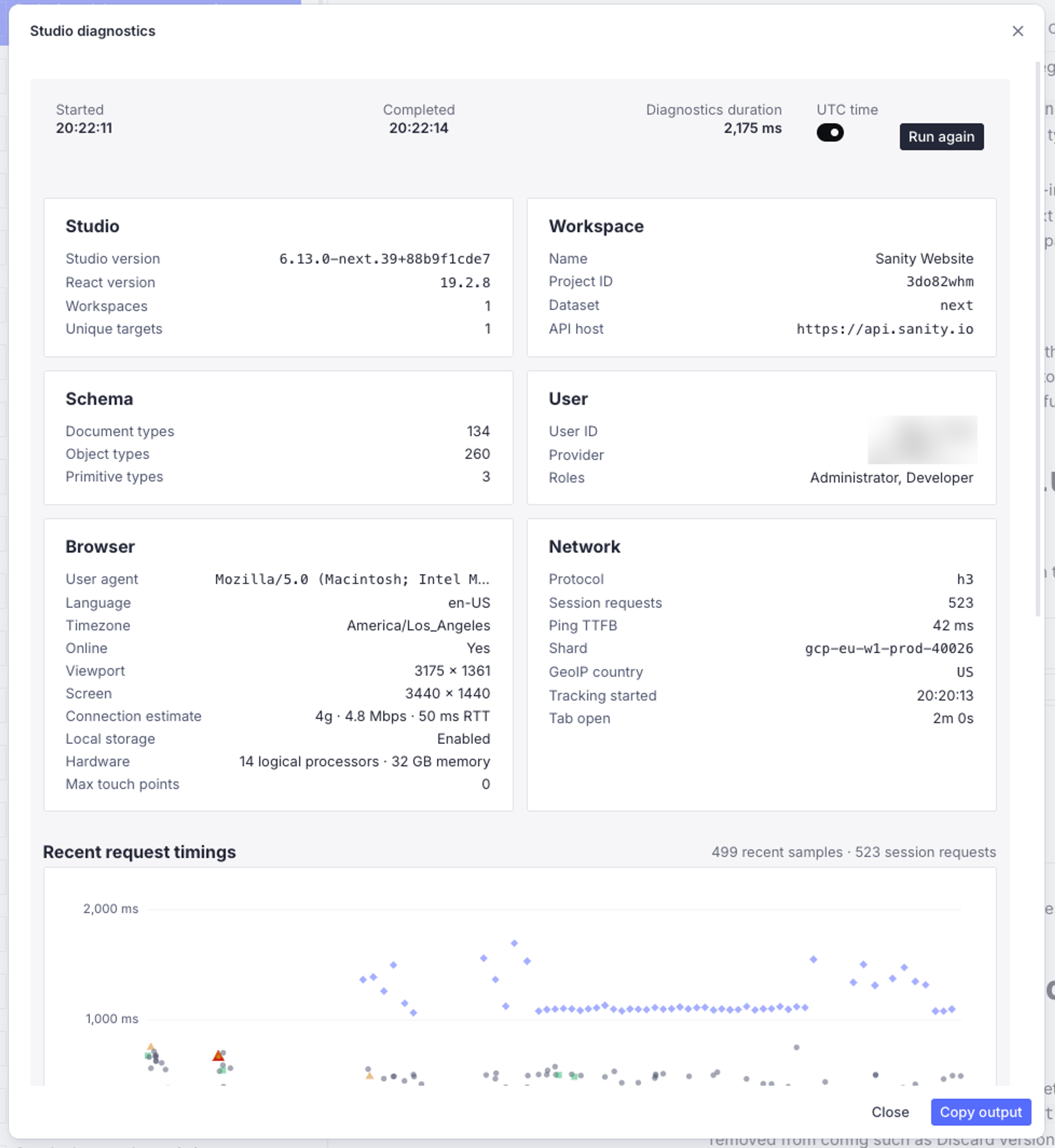 Studio diagnostics page showing system, user, browser, and network details, with a graph of recent request timings.