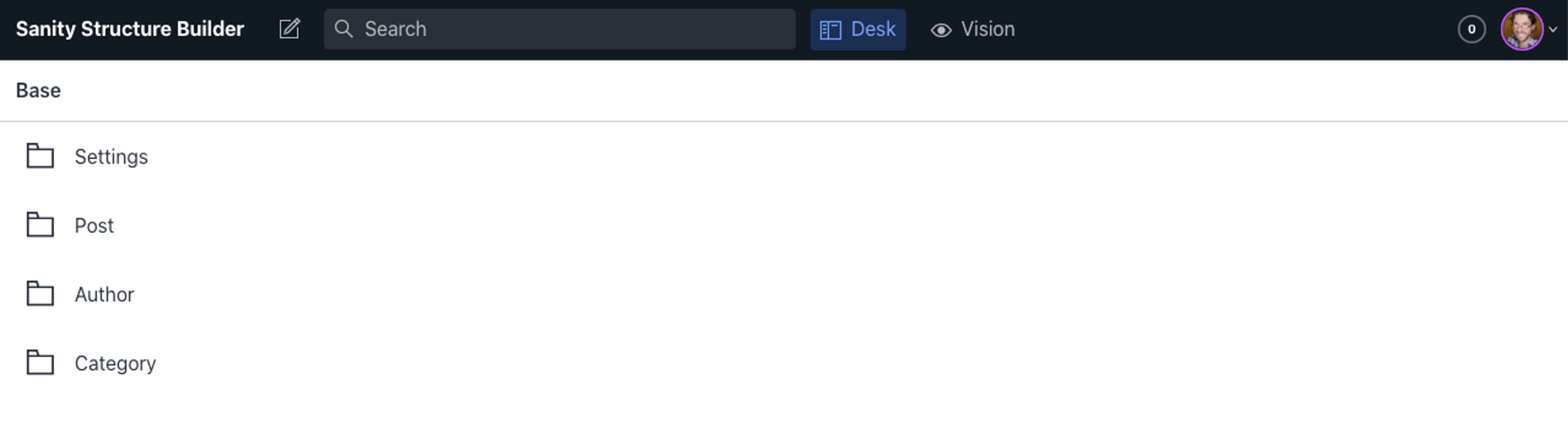 Studio with a desk structure containing Settings, Post, Author, and Category document types