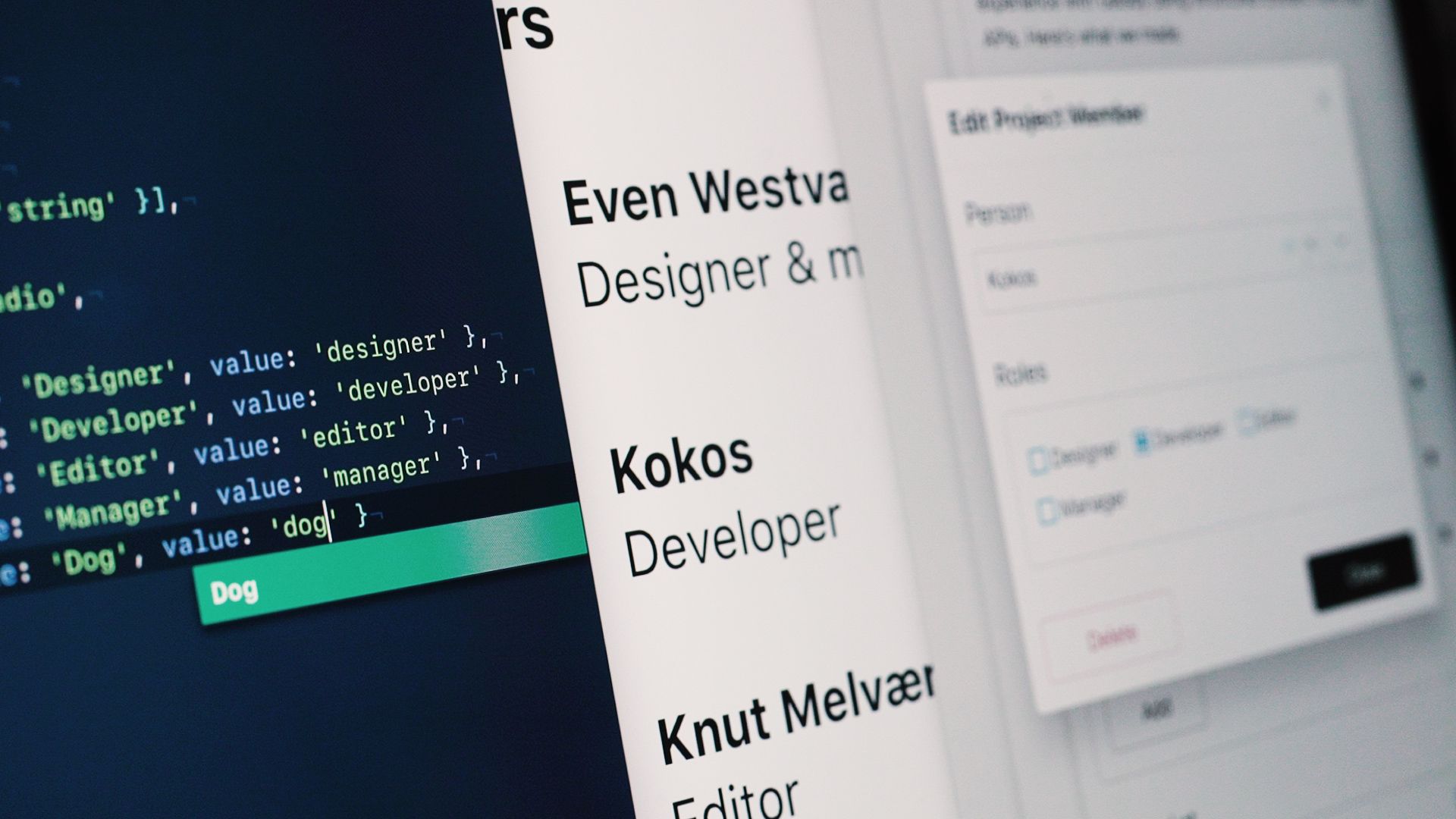 A side by side view of a schema, a Gatsby front-end and the Sanity Studio