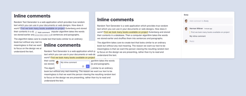 Shows highlighted sentences in the Portable Text Editor with Comments popover
